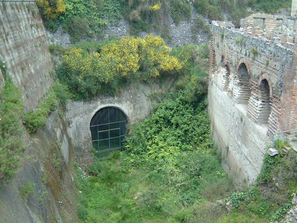 II.1 Herculaneum, on right. May 2001. Looking west from access bridge. Photo courtesy of Current Archaeology.