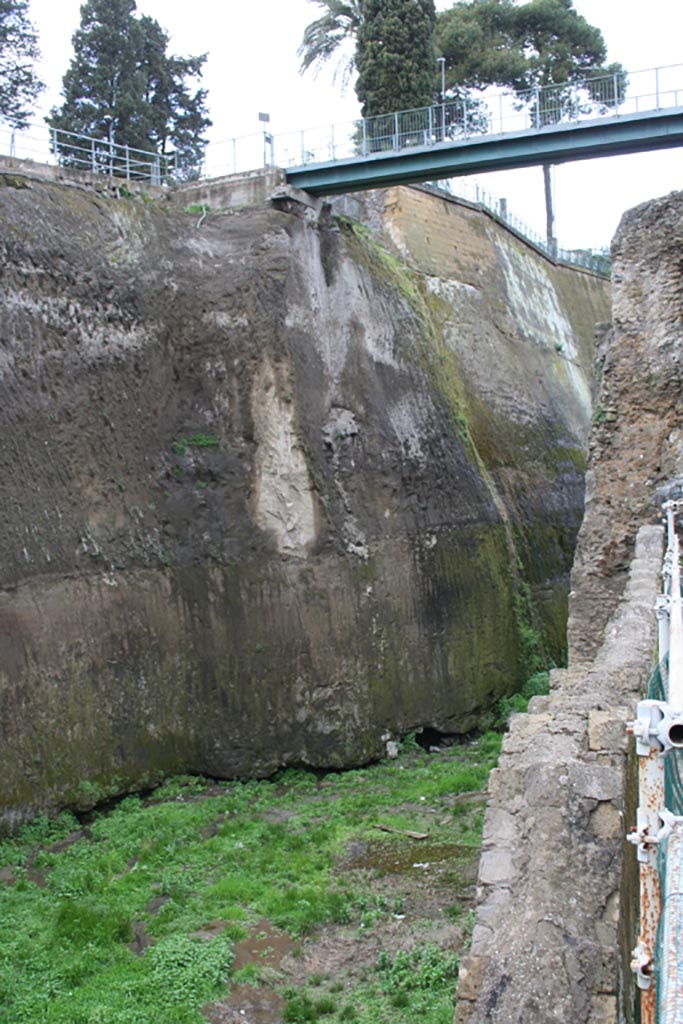 Looking west towards access bridge above solidified depth of ash/volcanic debris, leading towards Ins. III. 
March 2008. Photo courtesy of Sera Baker.
