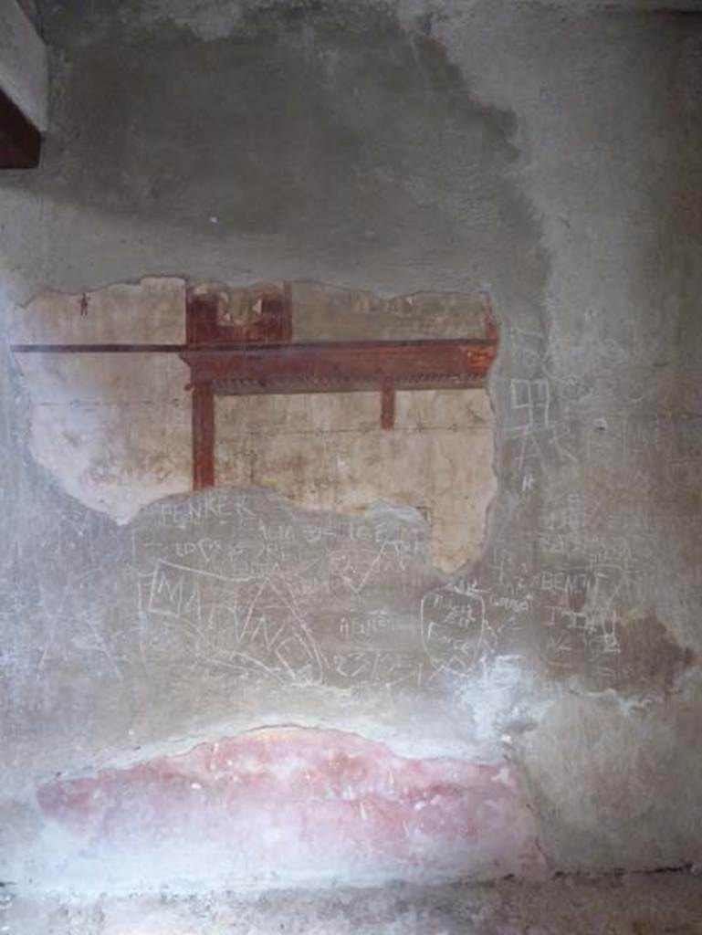 III.16, Herculaneum, October 2014. Room 3, north wall. Photo courtesy of Michael Binns.
The wall of this room in this house must surely be the most relevant according to a graffito found in the Basilica at Pompeii 
CIL IV 1904 - O walls, you have held up so much tedious graffiti that I am amazed that you have not already collapsed in ruin.
