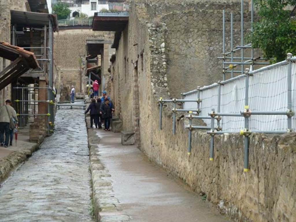 Cardo IV Inferiore, Herculaneum, September 2015. Looking north between Ins. III, on left, and Ins. IV, 2/1 on right.