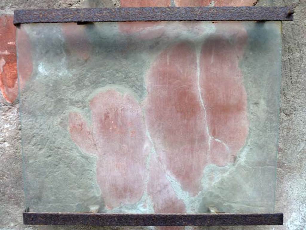 IV.8, Herculaneum, September 2015. On the south wall of the long corridor, protected by a sheet of glass, is a long graffito on red stucco.