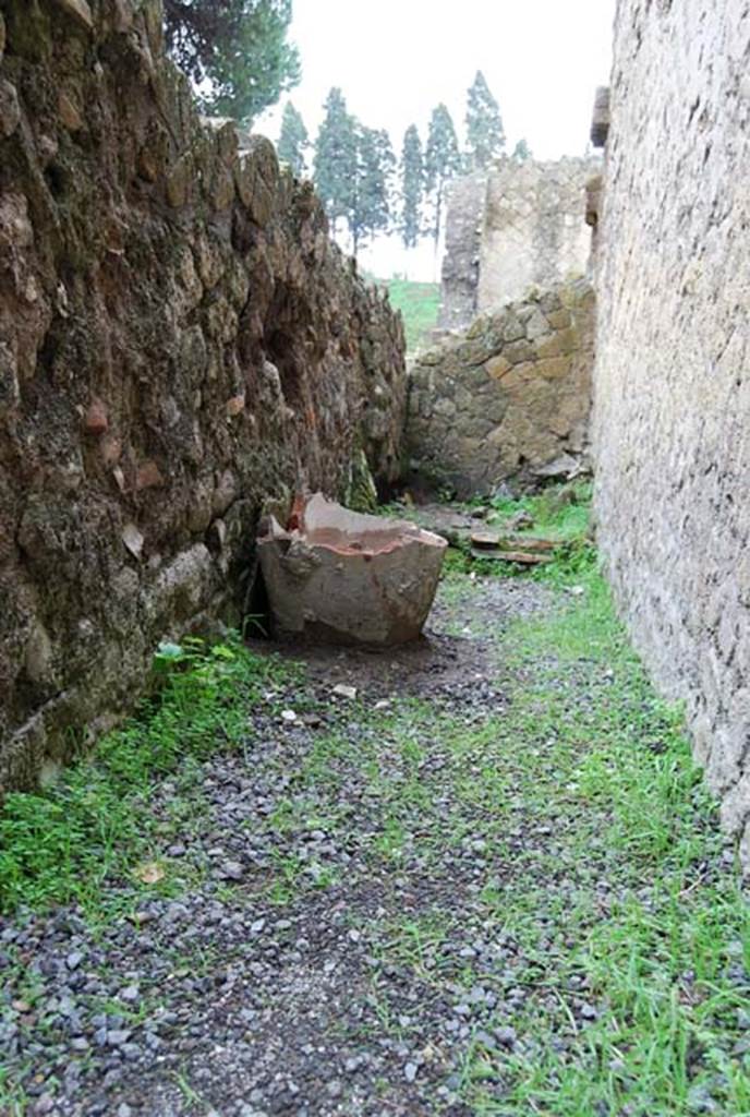 IV.11, Herculaneum, December 2008. 
Looking east along small area on north side of large room, corridor leading to latrine. 
Photo courtesy of Nicolas Monteix.
