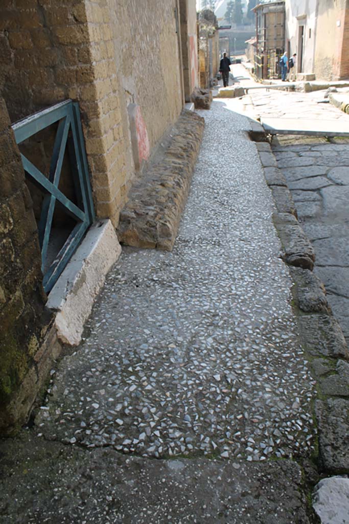 V.2 and V.1, Herculaneum. March 2014. 
Looking south on east side of Cardo IV, with remains of benches between entrances.
Foto Annette Haug, ERC Grant 681269 DÉCOR.

