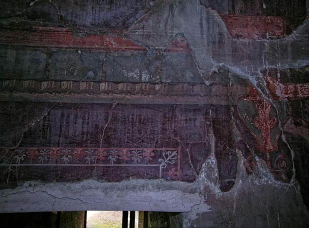 V.5, Herculaneum. May 2005. Detail of upper wall painting from above doorway in west wall. 
Photo courtesy of Nicolas Monteix.

