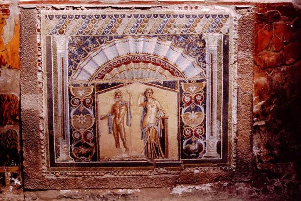 V.7 Herculaneum. 1964. East wall of internal courtyard, visible from the entrance doorway, through the tablinum window. Photo by Stanley A. Jashemski.
Source: The Wilhelmina and Stanley A. Jashemski archive in the University of Maryland Library, Special Collections (See collection page) and made available under the Creative Commons Attribution-Non Commercial License v.4. See Licence and use details. J64f1177
According to Jashemski, the courtyard at the rear of the house, originally decorated with garden paintings, was made into a beautiful nymphaeum. It also served as a garden with summer triclinium. The mosaic panel of Neptune and Amphitrite was visible from the entrance corridor.
See Jashemski, W. F., 1993. The Gardens of Pompeii, Volume II: Appendices. New York: Caratzas. (p.268)

