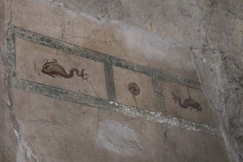 V.8 Herculaneum. March 2014. Room 1, north wall of entrance hall, with detail of painted decoration from east end of wall.
Foto Annette Haug, ERC Grant 681269 DÉCOR

