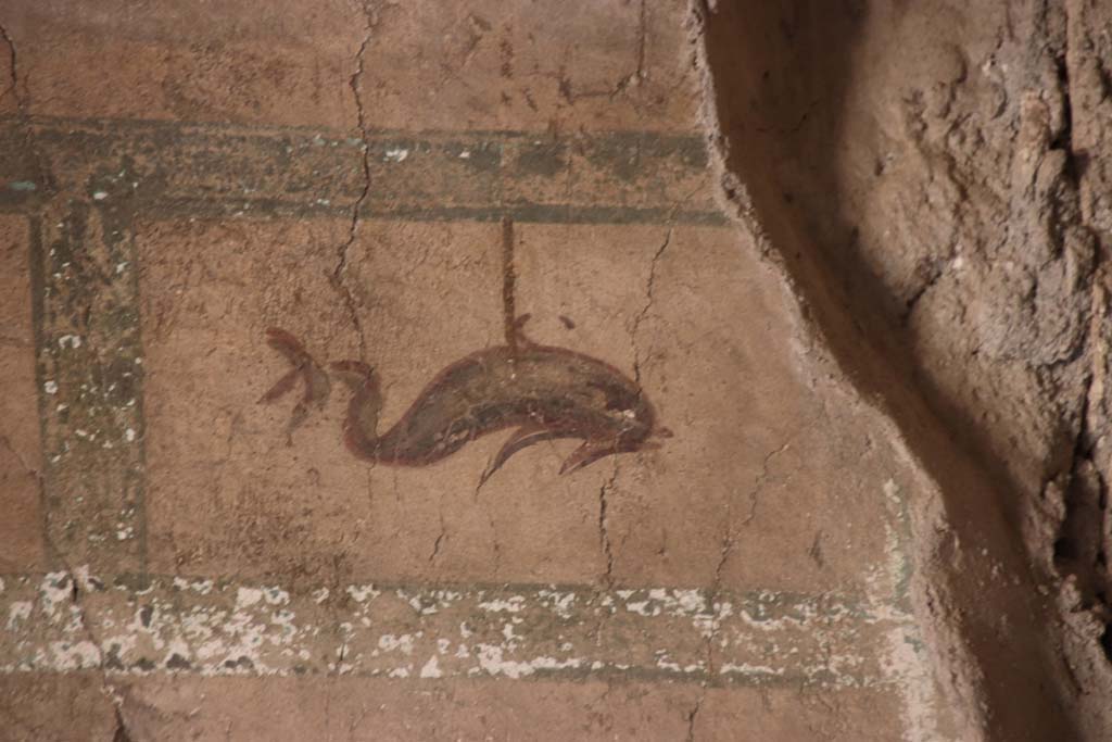 V.8 Herculaneum. September 2021. 
Room 1, detail of decorated panel on from east end of north wall in entrance hall. Photo courtesy of Klaus Heese.
September 2021.
