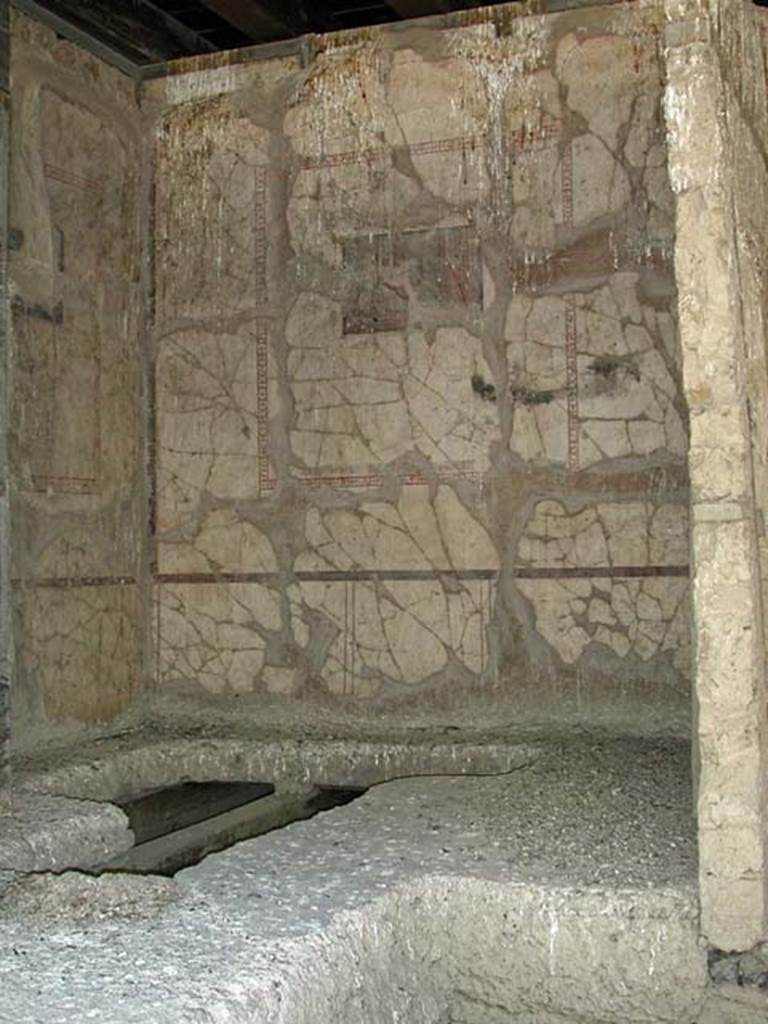 V.14/16, Herculaneum. September 2003. Cubiculum E, or room 7
Looking towards south wall and south-east corner of cubiculum.
Photo courtesy of Nicolas Monteix.
Maiuri described this room as – “having a white background with elegant partitions and architectural paintings, preserved on two walls are two figurative panels, recomposed from fragments and in part mutilated and deteriorated”.
