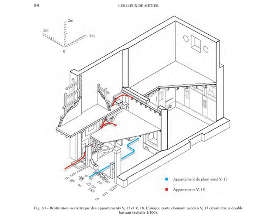 V.17/18 Herculaneum. 2010 isometric drawing of house. Photo courtesy of Nicolas Monteix.
Detail from book, showing position of the latrine at the rear of the stairs, against the south wall in the south-east corner of the mezzanine level.
See Monteix, Nicolas, 2010. Les lieux de metier. Boutiques et ateliers d’Herculanum. Ecole francaise de Rome, p. 84, fig. 30.

