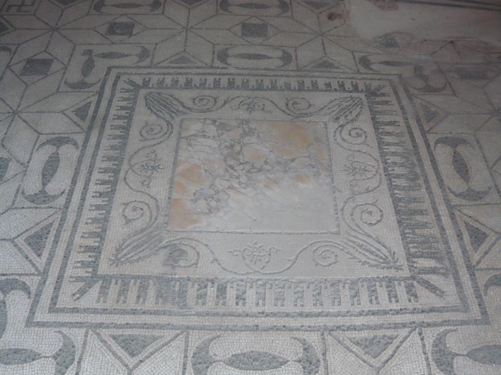 V.30 Herculaneum. August 2013. 
Oecus 1, emblema set in black and white mosaic with central emblem of a slab of giallo antico marble. Photo courtesy of Buzz Ferebee.
