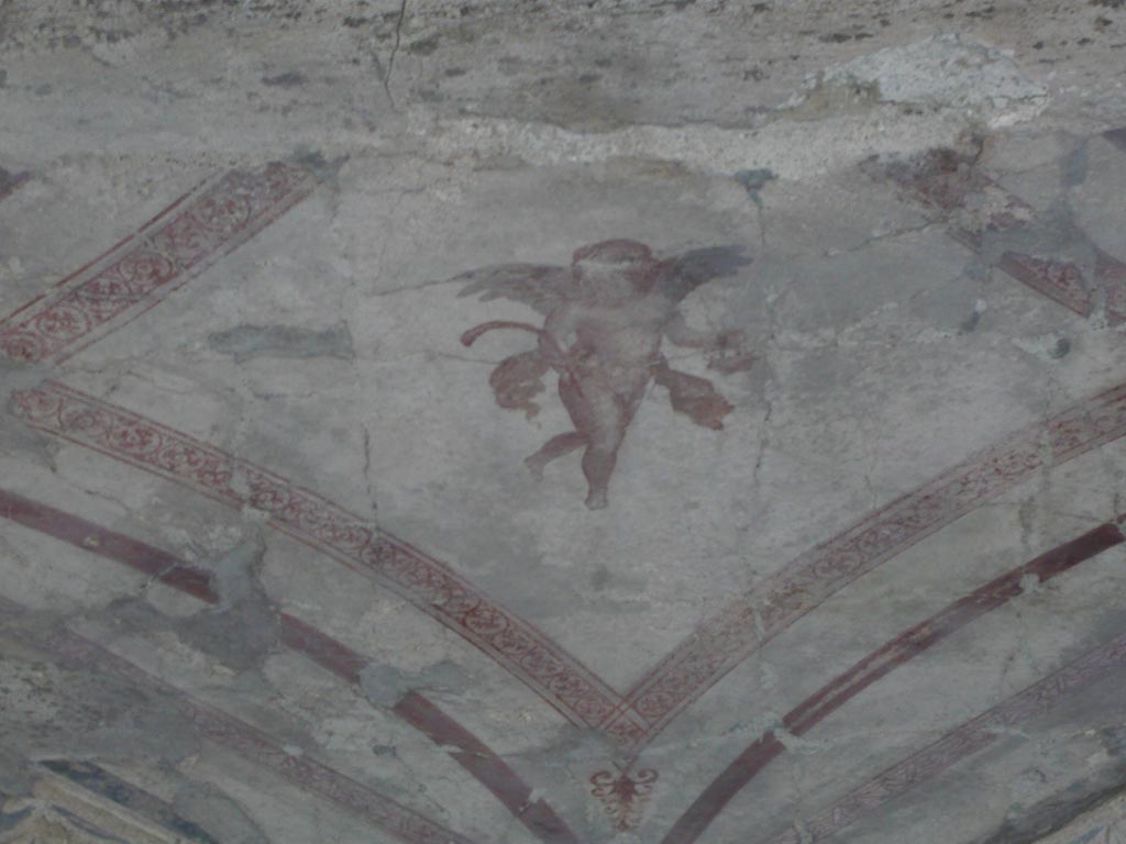 V.30 Herculaneum. August 2013. Room 7, detail of cherub on central flat part of painted ceiling. Photo courtesy of Buzz Ferebee.