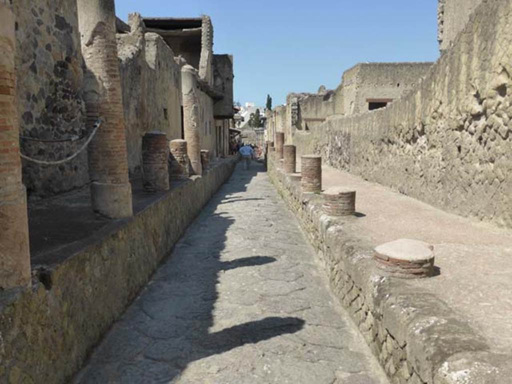 Looking south along Ins. VI on west side of Cardo IV Superiore, on right. June 2014. 
The raised and porticoed pavement, as described by Maiuri. Photo courtesy of Michael Binns.
