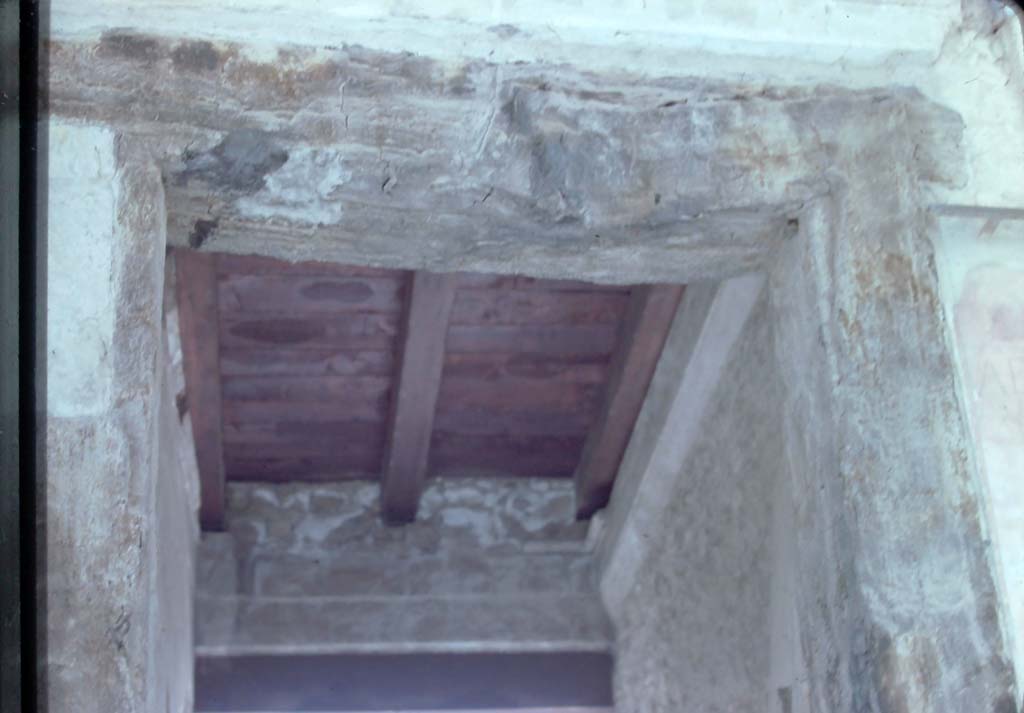 VI.13, Herculaneum, 7th August 1976. Looking towards carbonised wood on upper side of entrance doorway.
Photo courtesy of Rick Bauer, from Dr George Fay’s slides collection.


