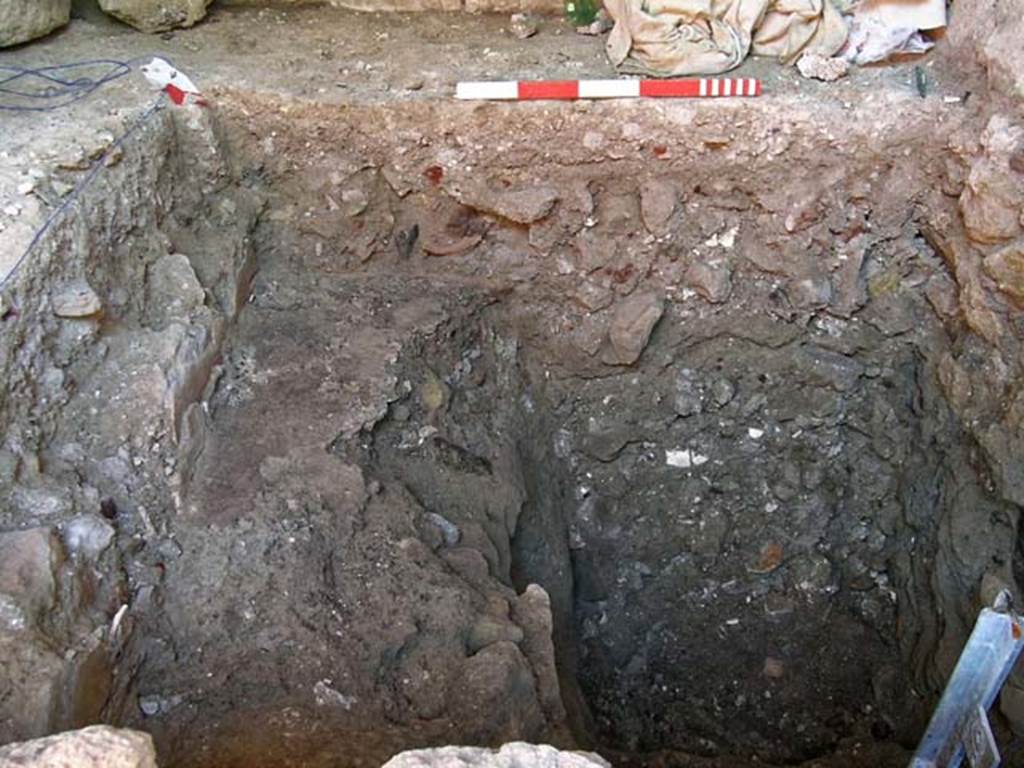 VI.14, Herculaneum. September 2005. Looking south across investigation of lower levels of shop-room.
Photo courtesy of Nicolas Monteix.
