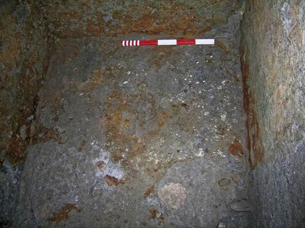 VI.15, Herculaneum. September 2004. Rectangular pit in centre of shop, looking east. Photo courtesy of Nicolas Monteix.