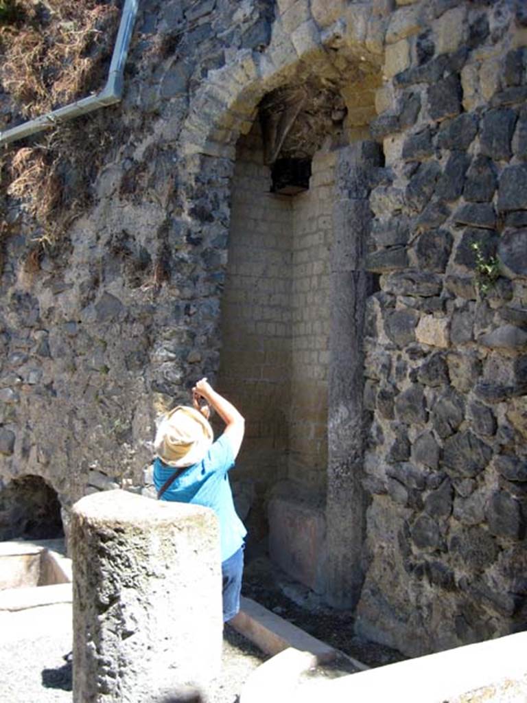 VII.2 Herculaneum. June 2011. Peristyle 10, north wall, with embedded column and carbonized wood. Photo courtesy of Sera Baker.
