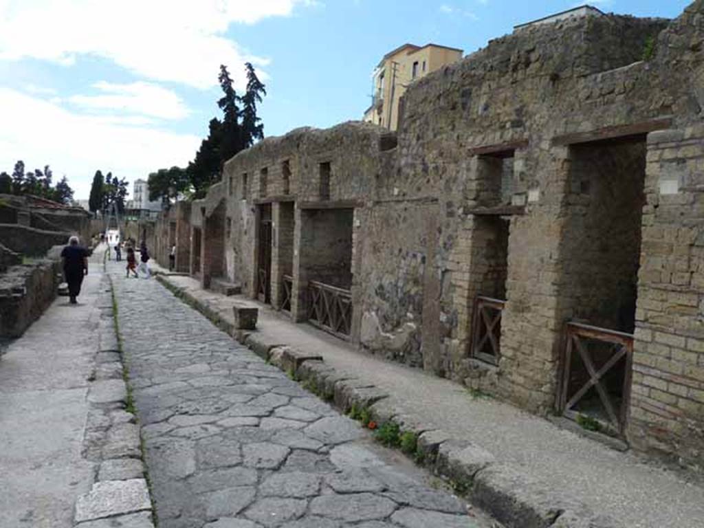 VII.6 Herculaneum, on right, then VII.5, VII.4, VII.3, VII.2, VII.1 and then crossroads with Decumanus Inferiore.
VI.2/3 on left, Herculaneum. May 2010. Looking south along Cardo III Superiore.
Waldstein and Shoobridge wrote 
Before leaving the town proper, we must say something of the small portion excavated in the nineteenth century, and still exposed, often called the Scavi Nuovi. 
This part of the city sloped steeply to the south-west, and ended in a sharp cliff; and strong and elaborate subterranean rooms were needed to keep the last houses level. Two streets were laid bare, crossing one another at right angles. That running down to the sea has a fine vaulted drain, 0.60m broad and 1.05m high, fed by various small drains and gutters. At the edge of the cliff it empties into a well-shaped opening of unknown depth, but certainly more than three metres.
See Waldstein, C. & Shoobridge, L. (1908). Herculaneum, past, present and future. London, Macmillan & Co. Ltd., (p.76-77).
See Ruggiero, M. 1885. Storia degli Scavi di Ercolano ricomposta su documenti superstiti. Napoli. (pp. xlvi-li), for the whole description of Scavi Nuovi.

The whole of sea street was strewn with fragments of bronze statues, human and equine, of various scales and there was also found a small silver bust of Galba, in tiny fragments, now carefully put together and in the Museo Nazionale. (inventory number 110127, and see p.659 in Ruggiero, Scavi, etc., (record of 11 September 1874).
This portion of the site had been considerably tunnelled by the eighteenth-century excavators, and many of the larger works of art had been removed. 
However a marble bust, several pictures and a number of bronze statuettes were unearthed, and an almost bewildering number of domestic antiquities of the highest interest. These included not only fine bronze and clay vessels but a great variety of wooden objects: for example, a wooden chest of drawers, with bronze fittings, unfortunately empty. (See Ruggiero, Storia degli Scavi. p.588, May 14 1869). There were also found a quantity of nets, ropes, cords, eatables, etc.
See Waldstein, C. & Shoobridge, L. (1908). Herculaneum, past, present and future. London, Macmillan & Co. Ltd., (p.77-78).
See Pagano, M. and Prisciandaro, R., 2006. Studio sulle provenienze degli oggetti rinvenuti negli scavi borbonici del regno di Napoli.  
Naples: Nicola Longobardi. (p.227-231 for various objects found in this area, and found at differing heights during the excavation of the roadway).
.