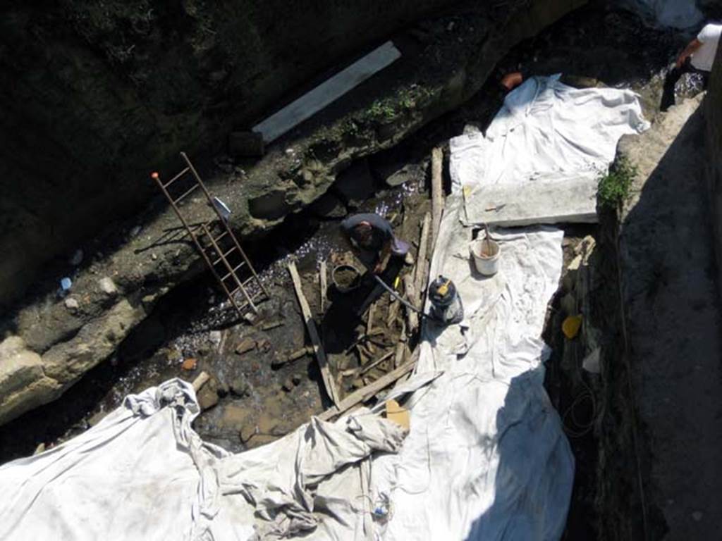 Ins. Or.1.2, Herculaneum. July 2009. Excavating on the original beach-front. 
Looking down on the discovery of the remains of the collapsed roof of the house, most probably the roof of the marble room.
Massive wooden beams, up to 7m long, along with the smaller timbers and rafters were the first to be found.
Underneath the wooden roof timbers, the original roof tiles were found.
Photo courtesy of Sera Baker.
See Current World Archaeology magazine, issue 42, August/September 2010, article entitled “Raising the roof”, (p.43-45).
See Pesaresi, P. L’antica spiaggia, I lavori di risanamento dell’antica spiaggia e i primi passi verso la sua valorizzazione,
in Rivista di Studi Pompeiani, XXI, 2010, (p.153-4).
