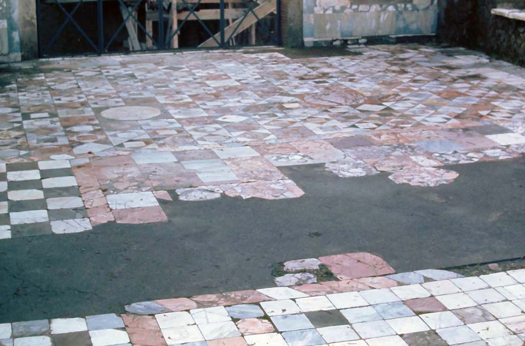 Ins. Or. 1. 2, Herculaneum. 4th December 1971. Looking south across flooring in Marble salon towards south-west corner.
Photo courtesy of Rick Bauer, from Dr George Fay’s slides collection.

