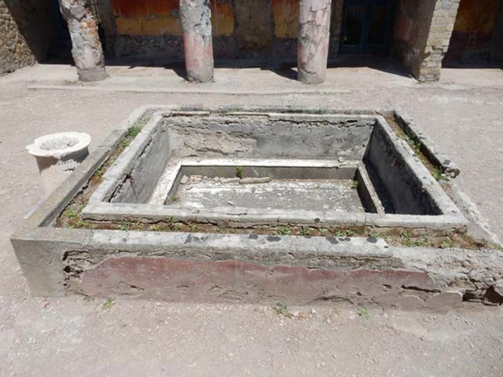 Ins. Or.I.2, Herculaneum. May 2018. Looking north across impluvium in atrium, with remains of coloured stucco. 
Photo courtesy of Buzz Ferebee.
