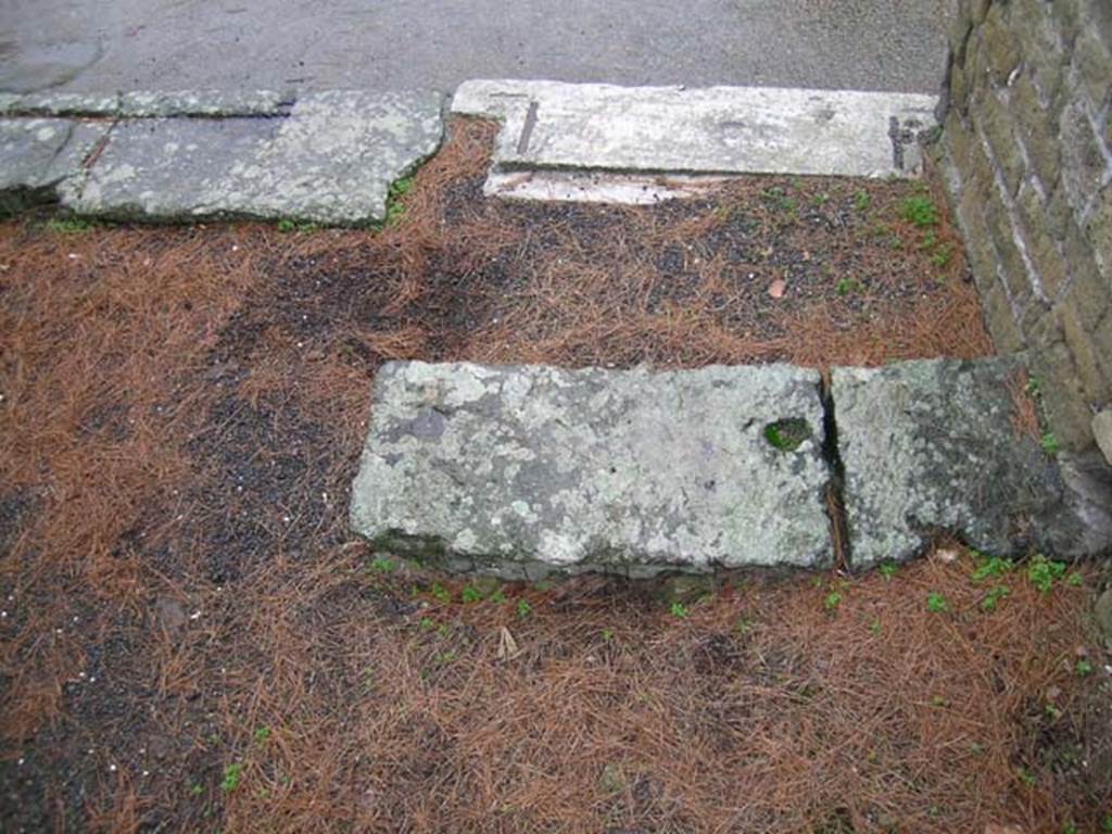 Ins. Or. II, 1, Herculaneum. December 2008. Threshold of shop-room. Photo courtesy of Nicolas Monteix.
According to Monteix, the larger threshold to the shop-room was made from grey tufa.
The smaller threshold gave access to the steps to the upper floor rooms of Ins.Or.II.1b. and was made from limestone.

