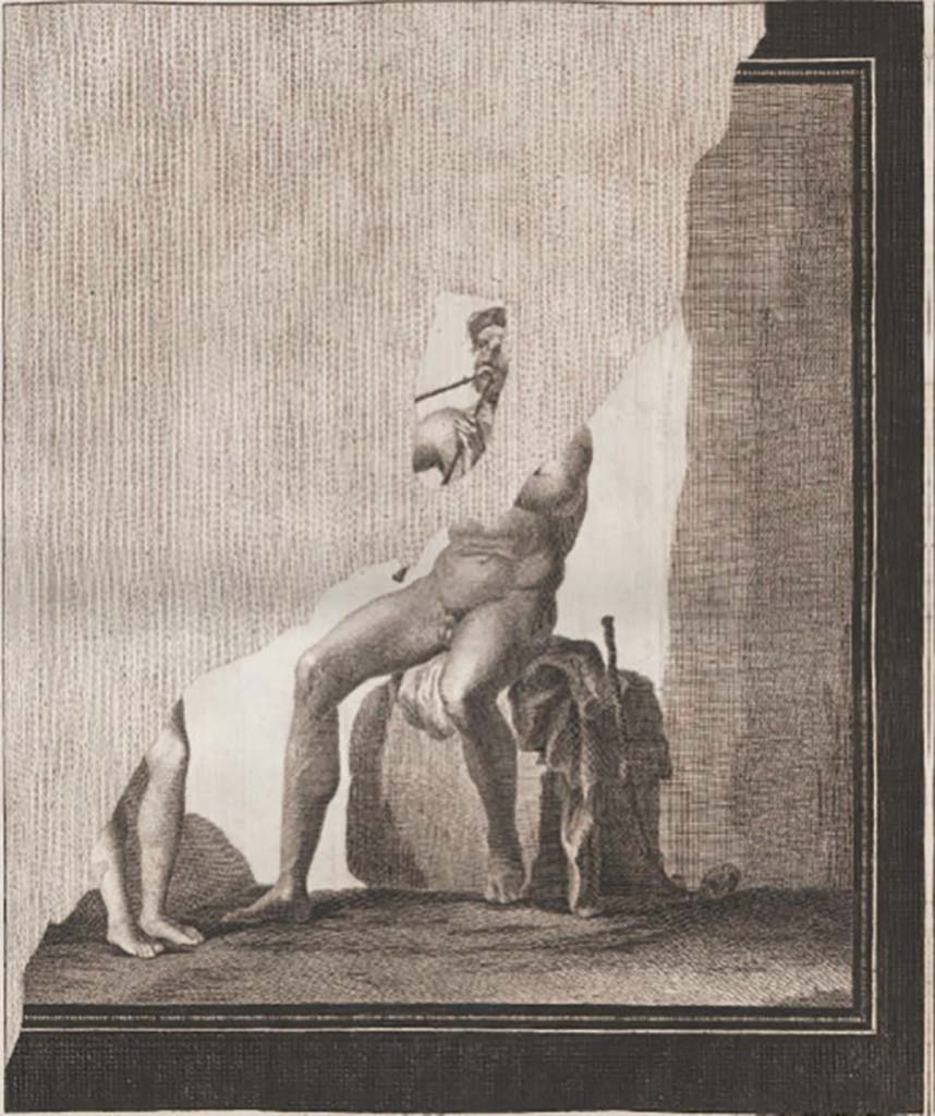 Ins. Orientalis II.4, 19 Herculaneum. Found 19th/21st February 1761. 
Fragment of a young sitting faun playing the pipes, but only the legs, head and small part of the body remain. 
Nearby are the legs of another young person.
Now in Naples Archaeological Museum. Inventory number 9141.
See Le Antichita di Ercolano esposte Tomo 4, Le Pitture Antiche di Ercolano 4, 1765, Tav 29, 139. 
