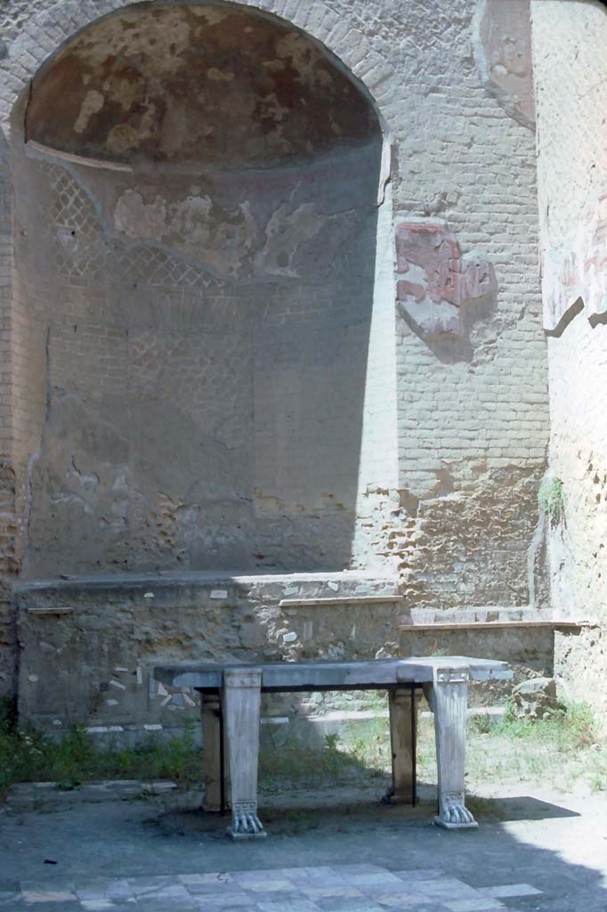 Ins. Orientalis II.4, Herculaneum, 7th August 1976. 
Looking towards west end of apsed room, with large niche set into west wall.
Photo courtesy of Rick Bauer, from Dr George Fay’s slides collection.
