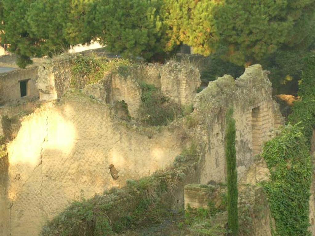 Ins. Orientalis II.4, Herculaneum. December 2004. 
Looking west across the roof of Sala III, lower centre.
On the left is the rear wall of the apsed room of the Palaestra. At the rear of this are the upper rooms of the Bakery at Ins. Orientalis II.8.
On the right, behind the roof of Sala III, is the upper area of Ins. Orientalis II.9. Photo courtesy of Nicolas Monteix.

