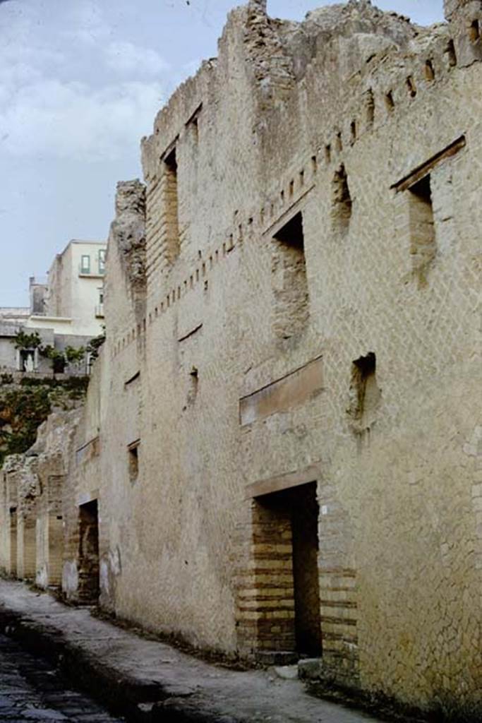 Ins. Orientalis II. 9 Herculaneum on left, and Ins. Orientalis II.8 in centre. 1961.  Looking north-east along façade in Cardo V Superiore. Photo by Stanley A. Jashemski.
Source: The Wilhelmina and Stanley A. Jashemski archive in the University of Maryland Library, Special Collections (See collection page) and made available under the Creative Commons Attribution-Non Commercial License v.4. See Licence and use details. J61f0595

