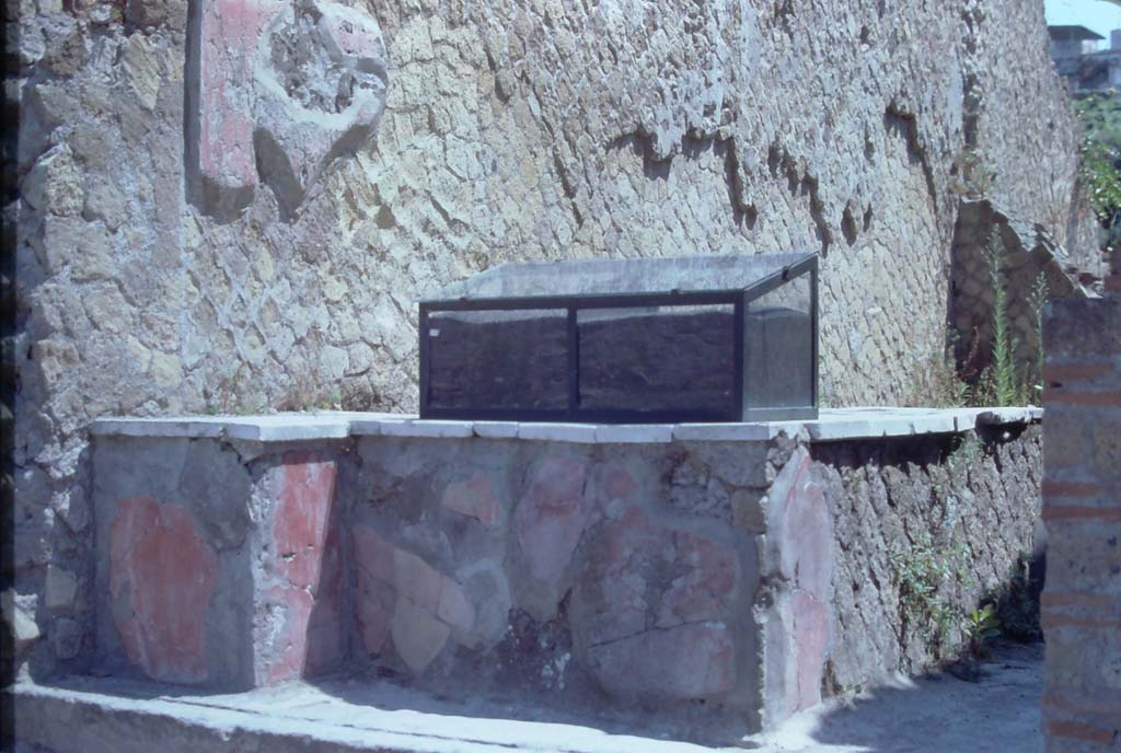 Ins. Orientalis II.13, Herculaneum. 7th August 1976. Looking east across counter in shop-room, with glass display case.
Photo courtesy of Rick Bauer, from Dr George Fay’s slides collection.

