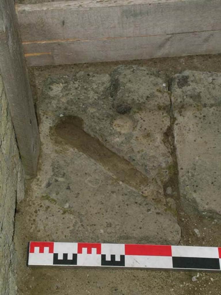 Ins Or II, 18, Herculaneum. June 2006. Detail of threshold at south end of doorway. 
Photo courtesy of Nicolas Monteix.
