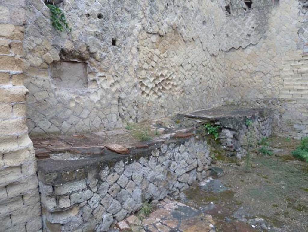 Ins. Orientalis II.18, Herculaneum. September 2015. 
Looking towards north wall, with remains of furnace in middle of remains of two big counters.
