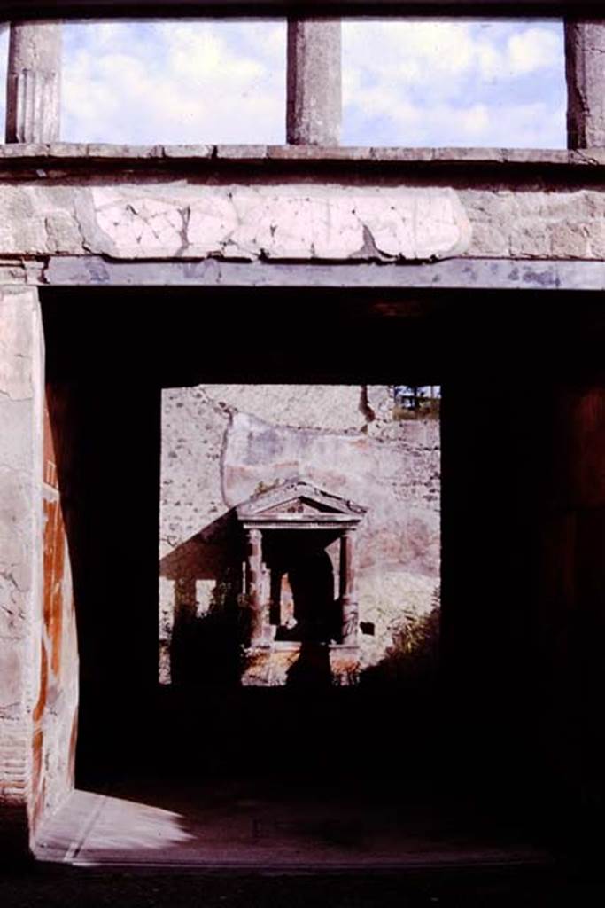 Ins. V.5, Herculaneum. 1964. Looking through tablinum to small courtyard garden with aedicula shrine. Photo by Stanley A. Jashemski.
Source: The Wilhelmina and Stanley A. Jashemski archive in the University of Maryland Library, Special Collections (See collection page) and made available under the Creative Commons Attribution-Non Commercial License v.4. See Licence and use details. J64f1182
