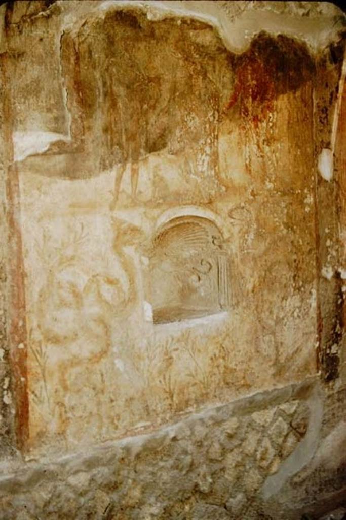 Ins. Orientalis II.9, Herculaneum.1957.  
Niche on north wall with remains of fresco, as described by Deiss, above.    
Photo by Stanley A. Jashemski.
Source: The Wilhelmina and Stanley A. Jashemski archive in the University of Maryland Library, Special Collections (See collection page) and made available under the Creative Commons Attribution-Non Commercial License v.4. See Licence and use details.
J57f0453

An arched niche decorated with stucco, inside a shell and with side pillars.
Three gods stand side by side in the upper picture-zone: 
Bacchus in the middle, clothed in a hip mantle, leaning on a pillar with his left elbow, the panther drinking on his right side; 
On the left is Mercury in a short robe, with winged shoes and helmet (petasus), leaning on his left leg, and holding a vase with both hands; 
Hercules on the right, probably naked except for the lion skin over his left arm, leaning on his right leg, lowering his right hand in sacrificial posture and carrying the club in his left arm.
See Fröhlich, T., 1991. Lararien und Fassadenbilder in den Vesuvstädten. Mainz: von Zabern, L120, Tav. 51,2.
