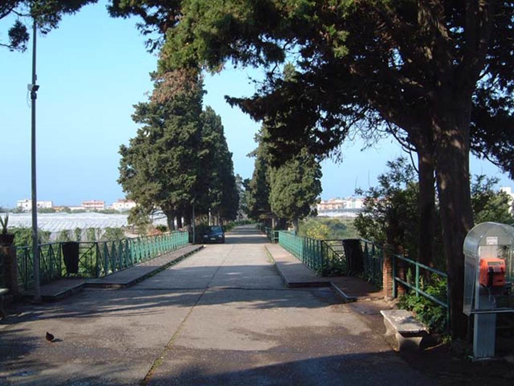 Herculaneum. May 2001. Looking south down roadway towards site. Photo courtesy of Current Archaeology.
The green railings on either side of the roadway provide a view from a bridge over the cryptoporticus of the Palaestra, on the left, and across the Herculaneum site below, on the right.
In 1954, in order to be able to excavate the cryptoporticus, Maiuri decided to construct a bridge, which at the time was considered a very modern and daring reinforced concrete bridge.  
See Camardo, D, and Notomista, M, eds. (2017). Ercolano: 1927-1961. L’impresa archeologico di Amedeo Maiuri e l’esperimento della citta museo. Rome, L’Erma di Bretschneider, (p.345).