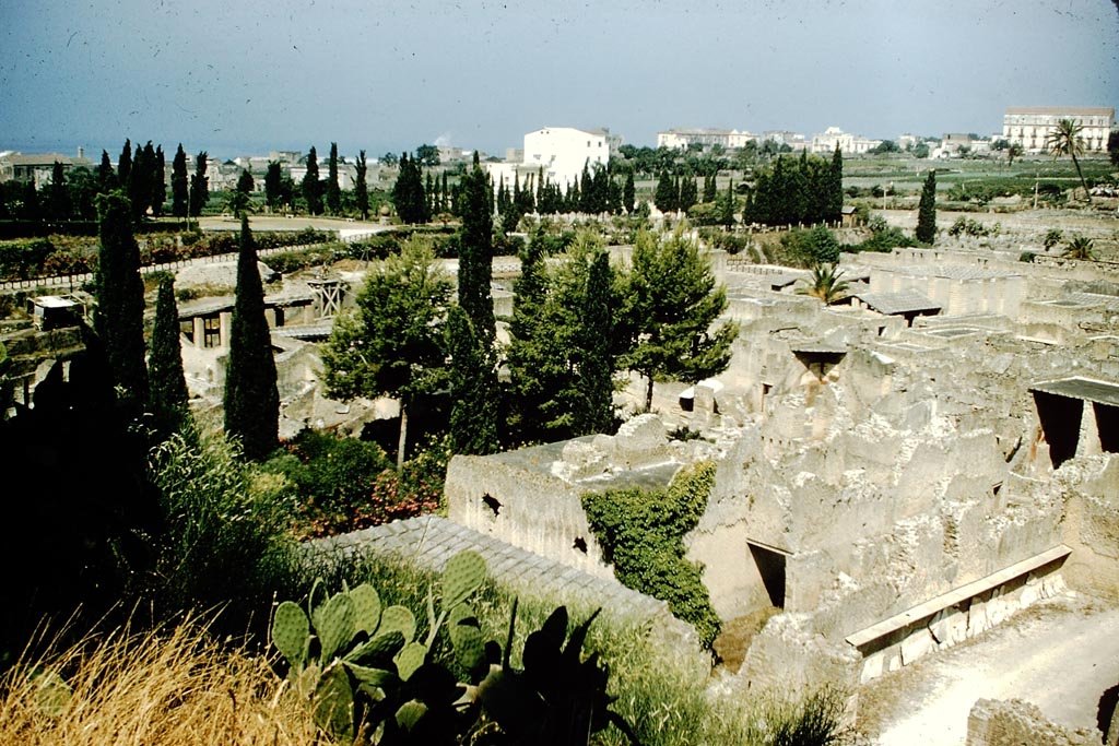 Herculaneum, 1957. Looking south-west across rear of Ins. Orientalis, from access roadway. Photo by Stanley A. Jashemski.
Source: The Wilhelmina and Stanley A. Jashemski archive in the University of Maryland Library, Special Collections (See collection page) and made available under the Creative Commons Attribution-Non-Commercial License v.4. See Licence and use details.
J57f0426
On the lower right is Ins. Orientalis II.4, and in the upper right is the Royal Palace at Portici. 
