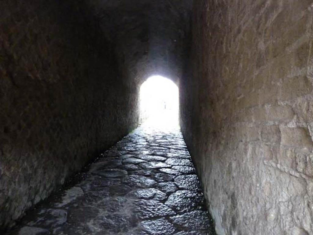 Herculaneum, September 2015. Ramp at south end of Cardo V, leading down to the Terrace of Marcus Nonius Balbus (Marco Nonio Balbo), the Suburban baths and the beachfront.