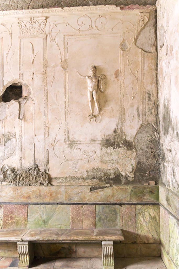 Herculaneum Suburban Baths. October 2023.
Tepidarium, north end of west wall with stucco warrior. Photo courtesy of Johannes Eber. 
