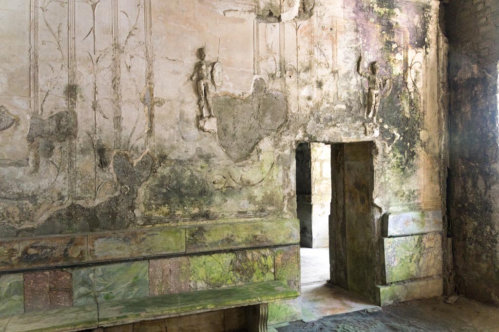 Herculaneum Suburban Baths. October 2023. 
Tepidarium, east wall and doorway to the second caldarium, on right. Photo courtesy of Johannes Eber. 
