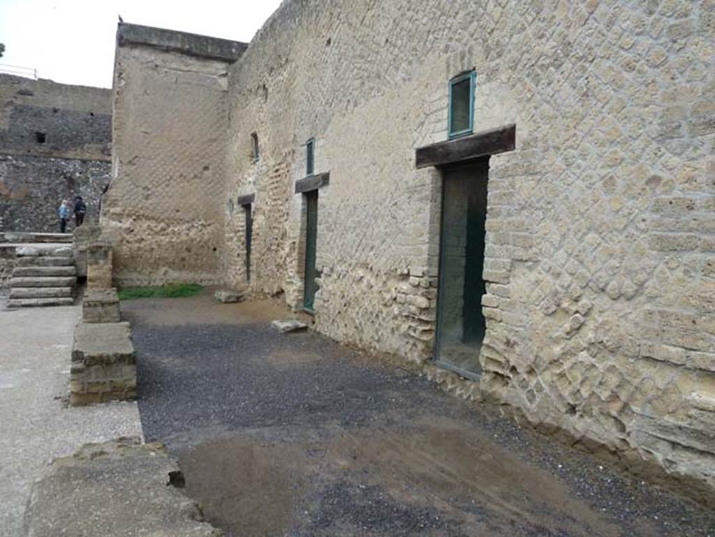 Herculaneum, September 2015. Sacred Area terrace, looking west to doorways to rooms 4, 5 and 6.