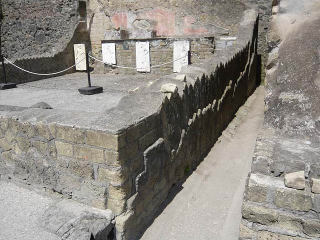 Herculaneum, August 2013. Sacred Area terrace, looking towards corridor on east side of the shrine of the Four Gods. Photo courtesy of Buzz Ferebee.
