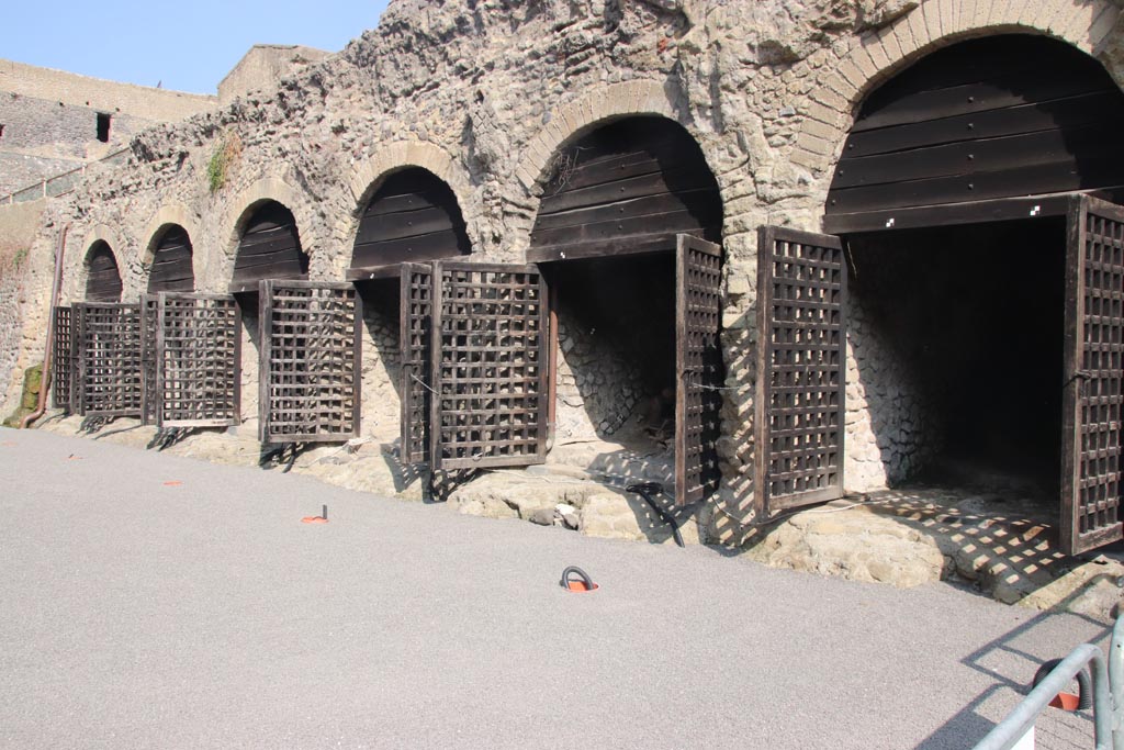 Herculaneum. October 2023. 
Looking towards boatsheds on west (left) side of steps up to Terrace of Nonius Balbus. Photo courtesy of Klaus Heese.
