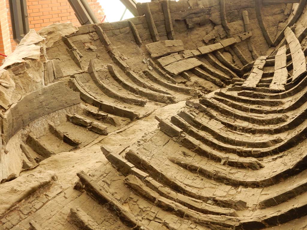 Herculaneum, June 2019. Detail of carbonised wooden interior of boat. Photo courtesy of Buzz Ferebee.

