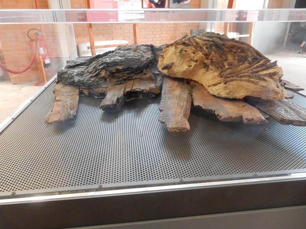 Herculaneum, June 2019. 
Found in the SW Baths Complex in the Insula Occidentalis, a coil of rope on top of wooden planking.
Photo courtesy of Buzz Ferebee.
