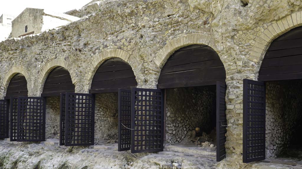 Herculaneum August 2021. 
Looking towards “boatsheds” on west side of steps, and below the Sacred Area. Photo courtesy of Robert Hanson.

