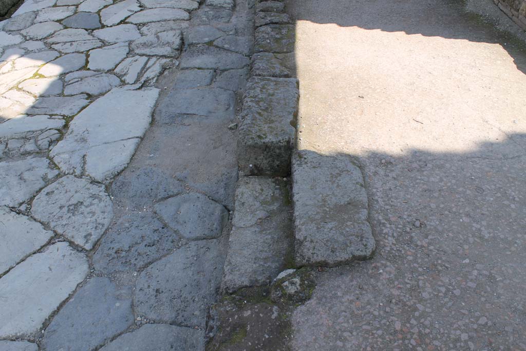 Cardo V, Herculaneum. March 2014. Step in pavement outside doorway of bakery at Ins. Or. II.8, on east side of Cardo V.  
Foto Annette Haug, ERC Grant 681269 DÉCOR

