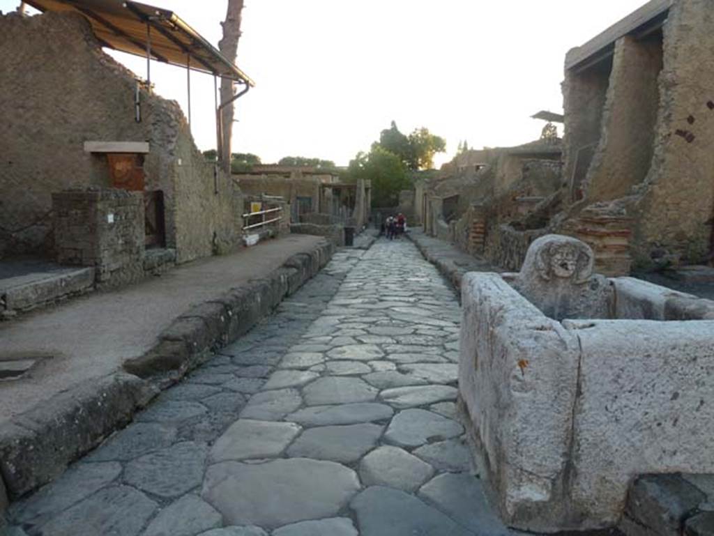 Cardo V Inferiore, Herculaneum, September 2015. Looking south between Ins. Or. II.3 on left, and fountain and Ins. IV 16 on right.