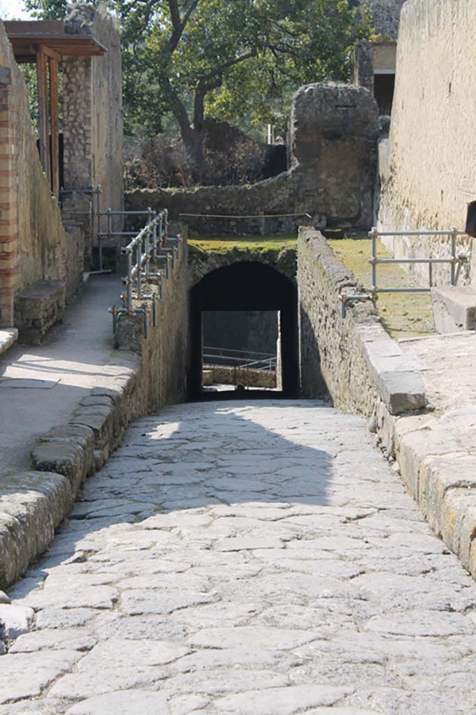 Cardo V, Herculaneum. March 2014. 
South end of Cardo V, ramp leading down to Suburban Baths, Sacred Area and beachfront. 
Foto Annette Haug, ERC Grant 681269 DÉCOR
