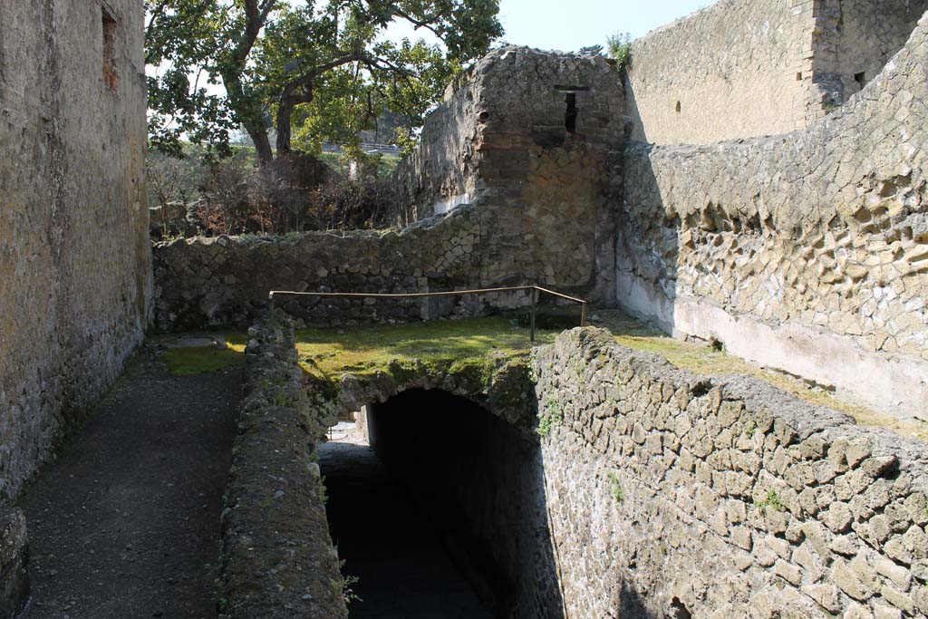 Cardo V, Herculaneum. March 2014. Looking south towards tunnel/slope leading to ancient seafront.
The terrace of the House of the Gem is in the upper left of the photo. The House of the Deer is on the upper right of the photo.
Foto Annette Haug, ERC Grant 681269 DÉCOR
