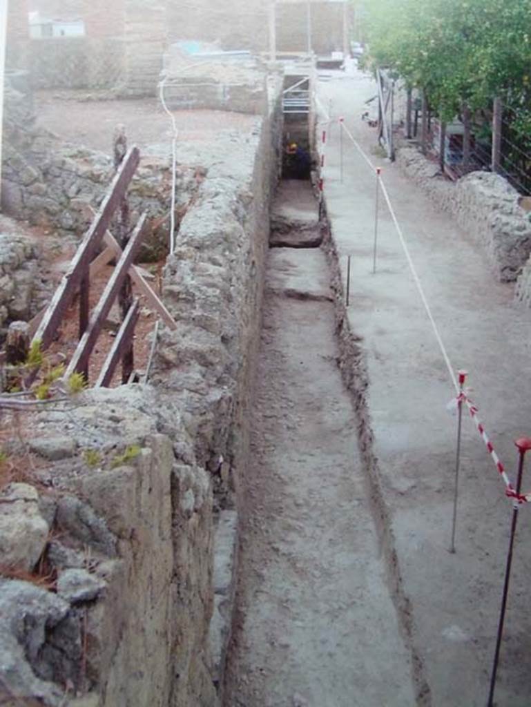 Vicolo Meridionale with Ins. Orientalis I.3, on right, Herculaneum. 
Looking east along test trench in Vicolo Meridionale showing steep drop in natural terrain to the east.
See Wallace-Hadrill, A. (2011). Herculaneum, Past and Future. London, Frances Lincoln Ltd., p. 105.